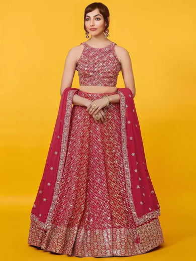 Adorable Red Sequins Georgette Wedding Lehenga Choli With Dupatta